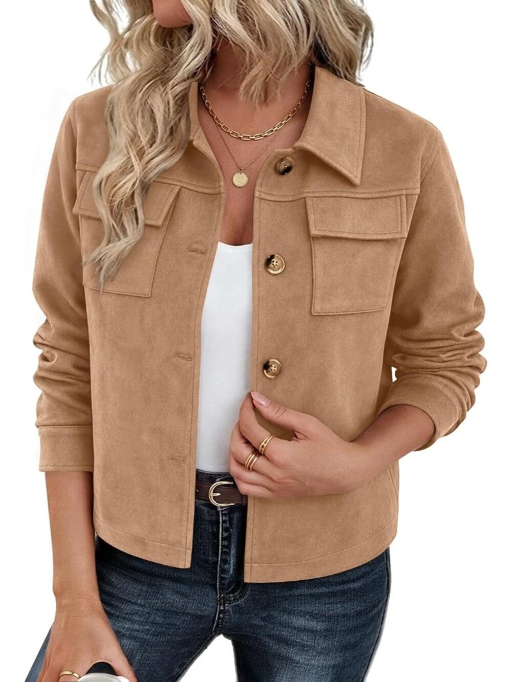 Women's Camel Faux Suede Button Down Collared Shackets Coat Cropped Jacket
